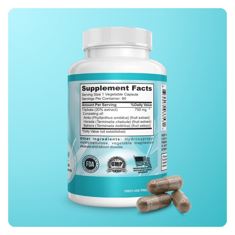 Back of Mila MiAmor Triphala bottle displaying official Supplement Facts label and 750mg extract dosage.