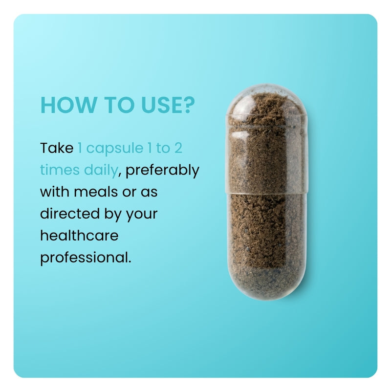 Triphala dosage instructions. Close-up of a brown herbal capsule with directions to take 1 capsule 1-2 times daily.