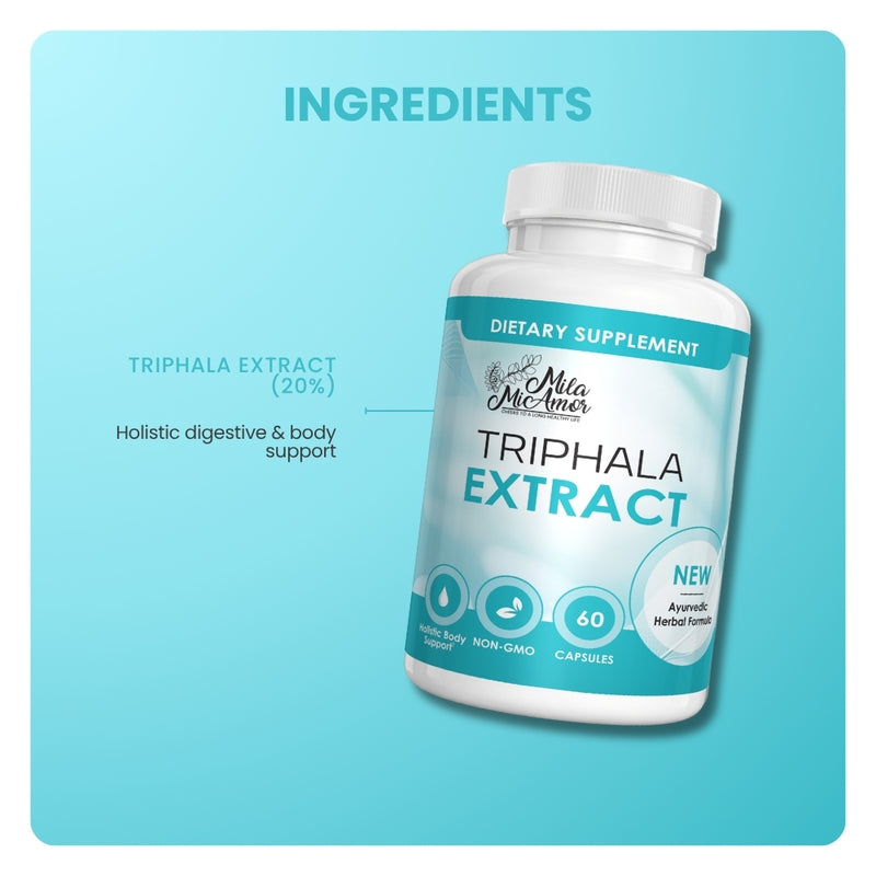 Mila MiAmor Triphala ingredient graphic highlighting 20% extract for holistic digestive and body support.
