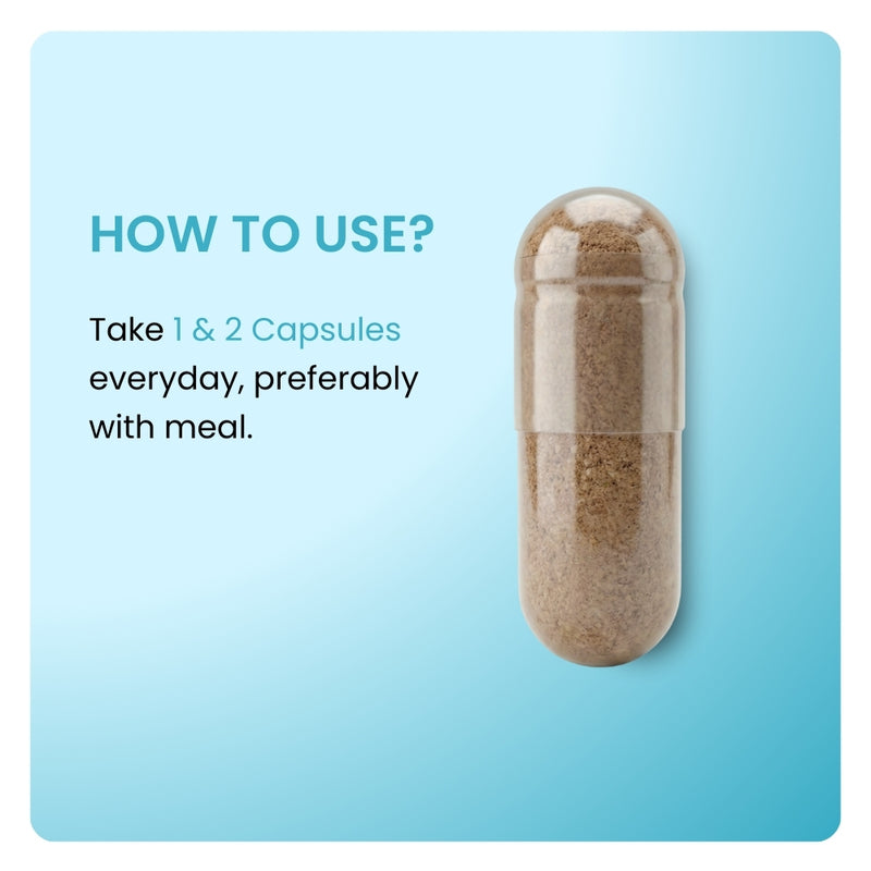 Water Away dosage instructions. Close-up of a brown capsule with directions to take 1-2 capsules daily.