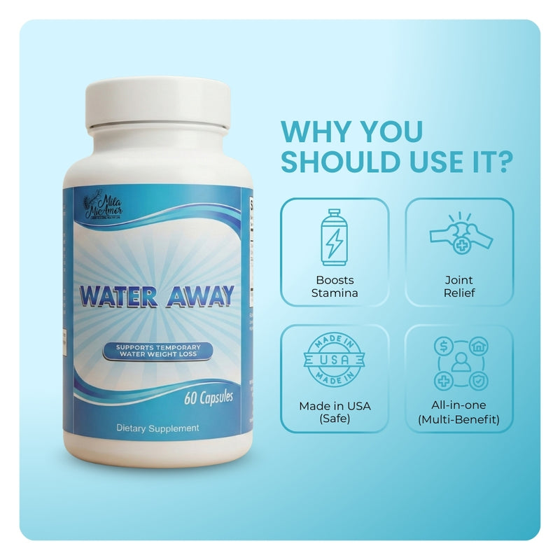 Mila MiAmor Water Away bottle showing benefits: boosts stamina, joint relief, safe, and multi-benefit.