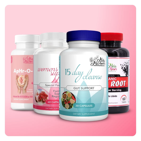 Mila MiAmor women's health stack: ApHr-O-Dite, Womens Support, 15 Day Cleanse, and Maca Root on a pink background.