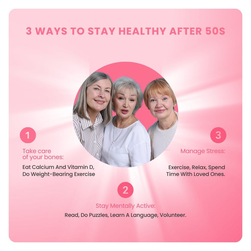 Graphic of three mature women with health tips for over 50: bone care, mental activity, and stress management.