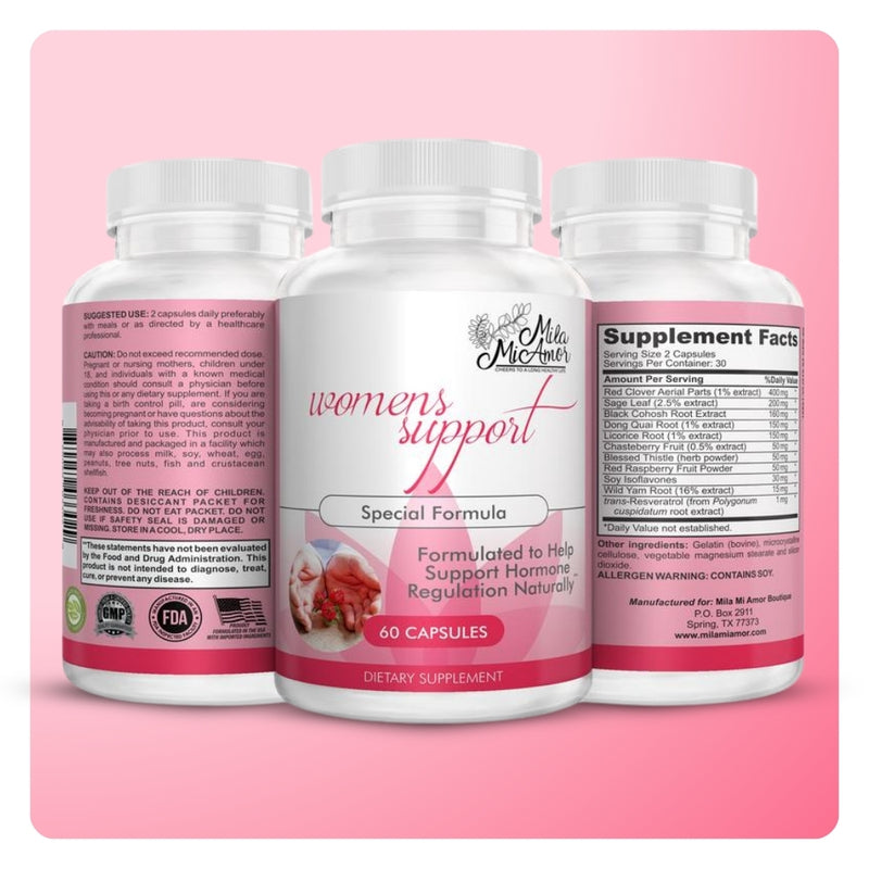 Three bottles of Mila MiAmor Women's Support supplement displaying the front label, usage warnings, and ingredients.