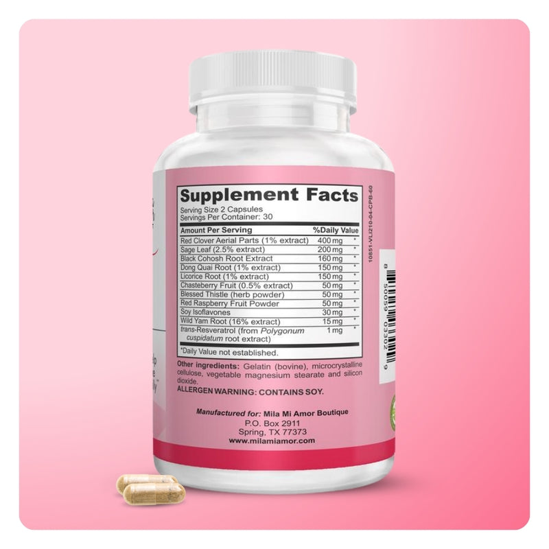 Back of Mila MiAmor Women's Support bottle displaying the official Supplement Facts label and herbal ingredients.