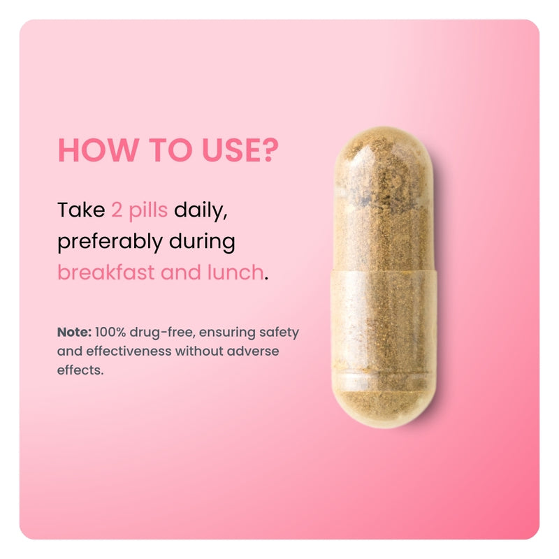 Women's Support dosage instructions. Close-up of a capsule with directions to take two pills daily with meals.