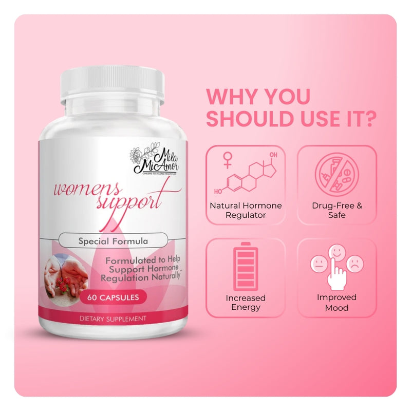 Mila MiAmor Women's Support bottle showing benefits: natural hormone regulator, increased energy, and improved mood.